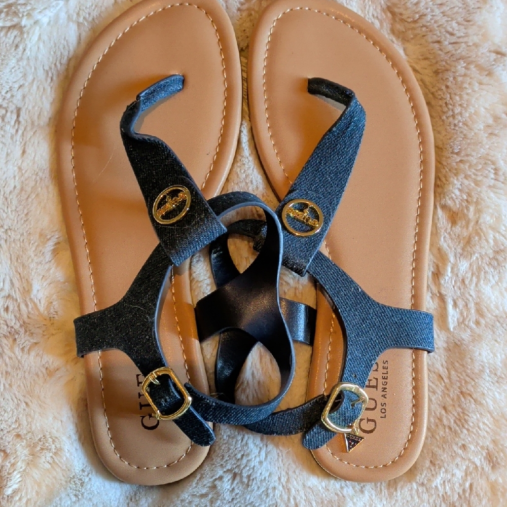 Guess Black and Tan Sandals with Gold Accents